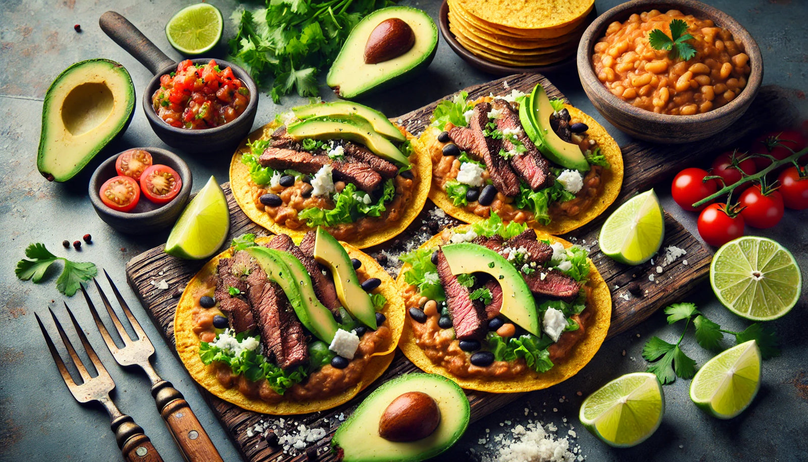 Grilled Tostadas with Meat, Beans, and Avocado