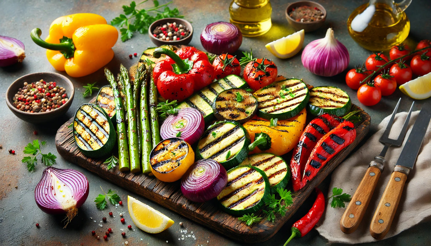 perfectly grilled vegetables, including zucchini, bell peppers, yellow squash, red onions, and asparagus, all charred to perfection