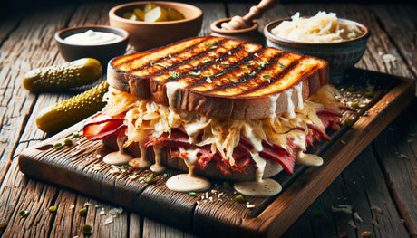 grilled Reuben sandwich visibly dripping with Russian dressing