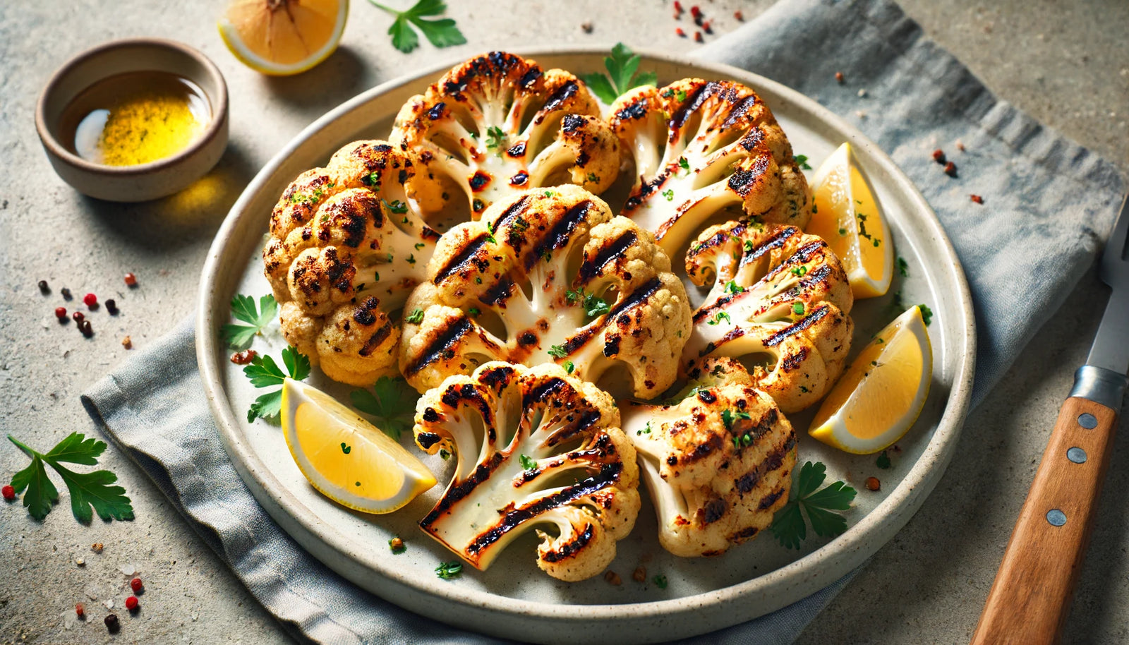 grilled cauliflower steaks on a serving platter