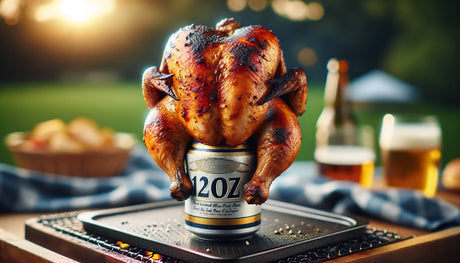 grilled chicken sitting upright on top of a 12oz beer can