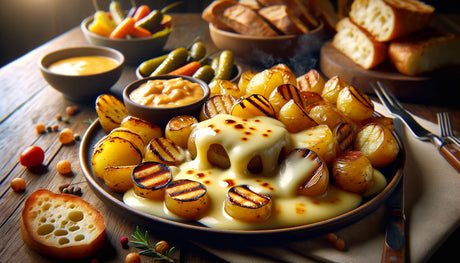 grilled fingerling potatoes covered in melted raclette cheese