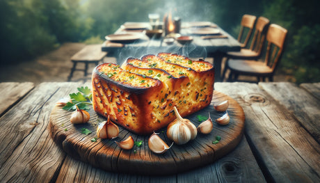 grilled garlic bread served on a rustic wooden board