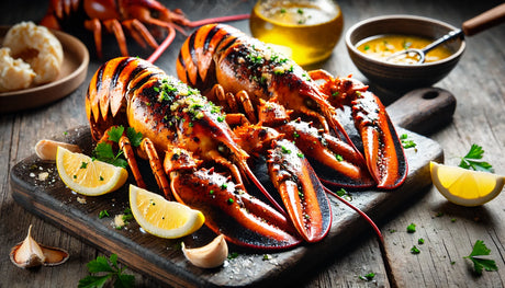 succulent grilled lobster tails drizzled with a rich, golden melted butter sauce