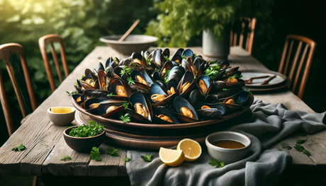 grilled mussels, beautifully arranged on a platter in an elegant outdoor dining setting