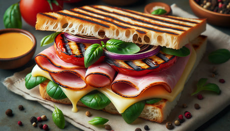 grilled panini, with every ingredient, including the ham, clearly showing grill marks