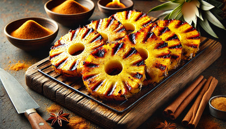 an elegant spread of drinks and desserts featuring grilled pineapple