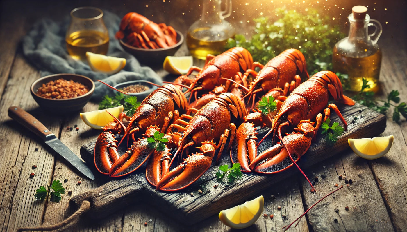 A selection of grilled small and large lobsters displayed on a rustic wooden board, garnished with parsley and lemon wedges, in a warm outdoor setting.