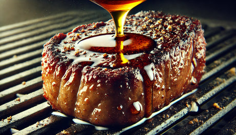 Close-up of grilling with beef tallow, featuring perfectly seared steak basted with tallow on a grill, with visible golden crust and rich texture.