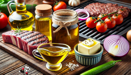 Close-up of grilling with fats, including butter, olive oil, tallow, and schmaltz, brushed onto steak and vegetables for rich flavor and perfect texture.