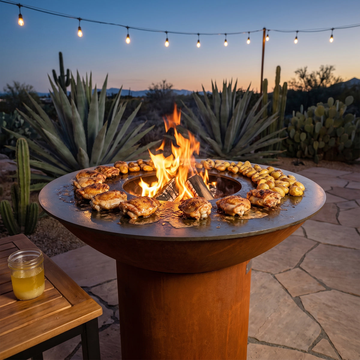 Arteflame wood-fired flat-top grill with round Corten steel base: Grilling with Schmaltz