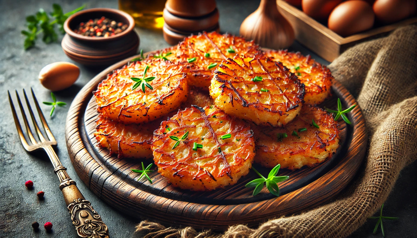 view of crispy, golden homemade hash browns, showcasing their perfect crust and golden color