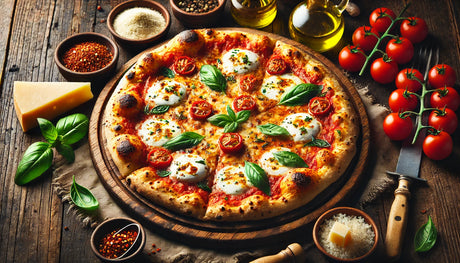 Homemade pizza with a golden crispy crust, bubbling mozzarella, fresh basil, and tomato sauce on a wooden board with a rustic backdrop.