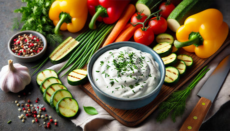 creamy, thick bowl of homemade ranch dressing, garnished with fresh herbs like parsley and dill