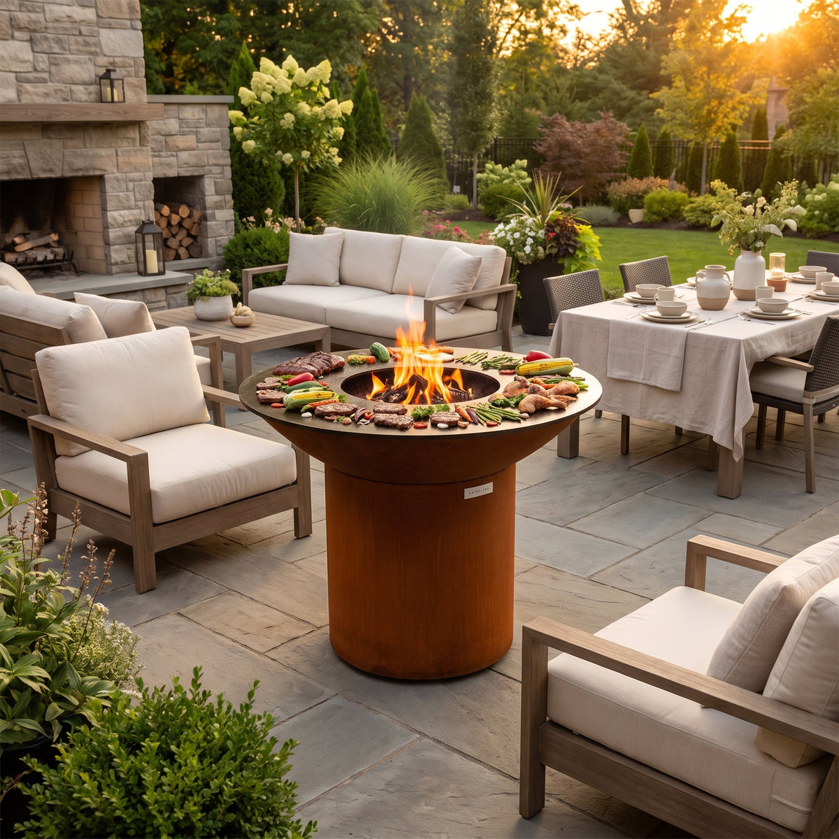 Outdoor patio layout with an Arteflame wood-fired flat-top grill with a round Corten steel base as the centerpiece