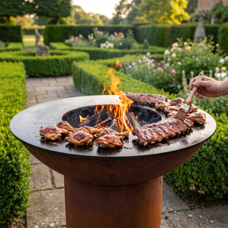 Arteflame wood-fired flat-top grill with round Corten steel base: How to Baste and Glaze on the Grill Without Burning Sugar