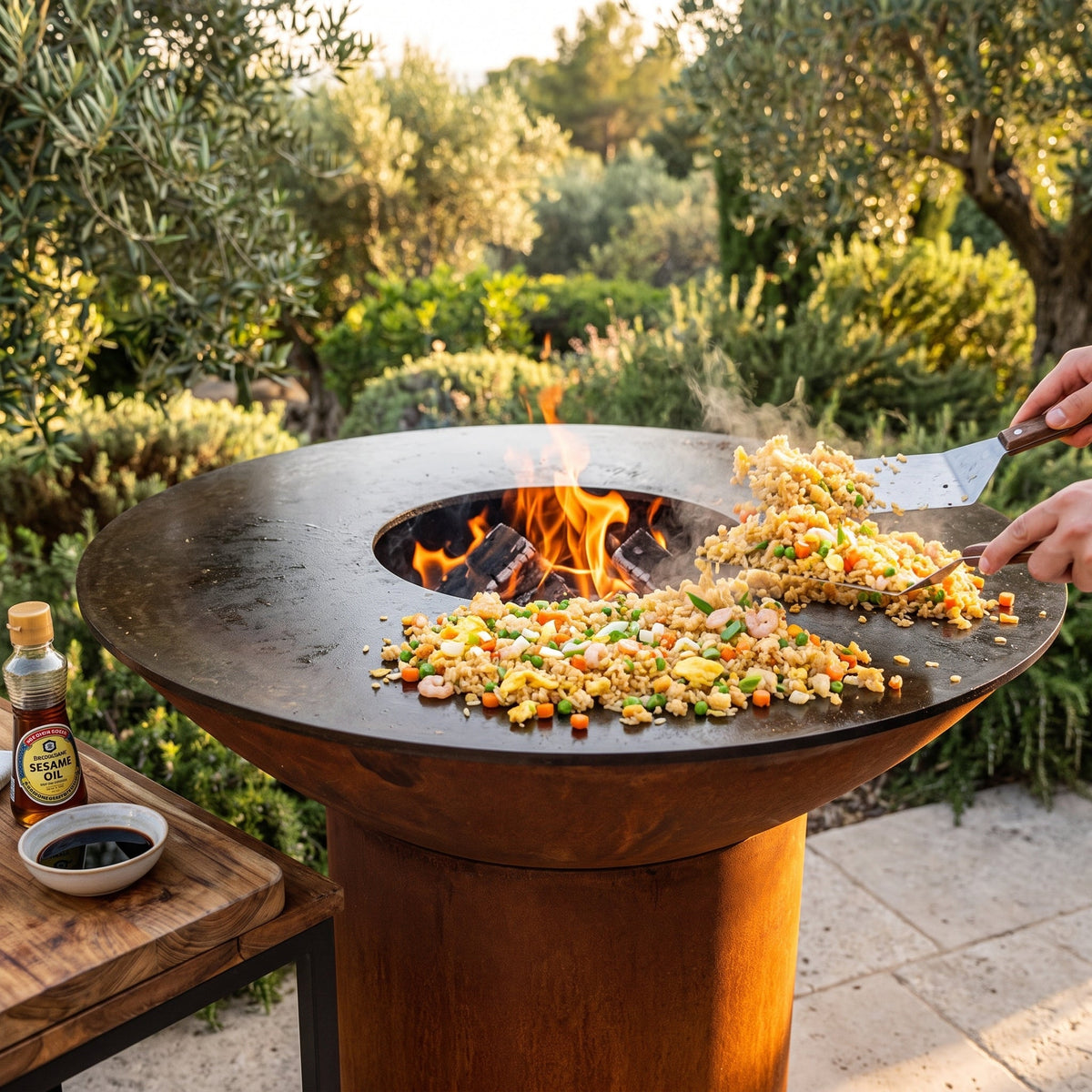 Fried rice with egg, shrimp, peas and carrots cooking on an Arteflame flat-top grill with a round Corten steel base and wood fire