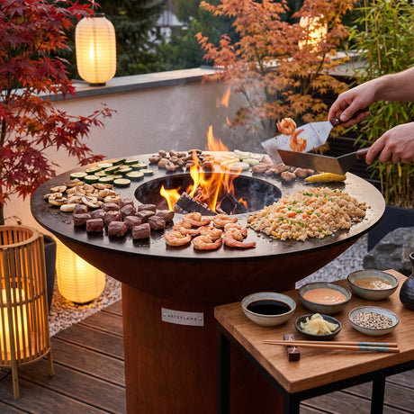Hibachi-style steak, shrimp, vegetables and fried rice cooking on an Arteflame flat-top grill with a round Corten steel base in a Japanese garden
