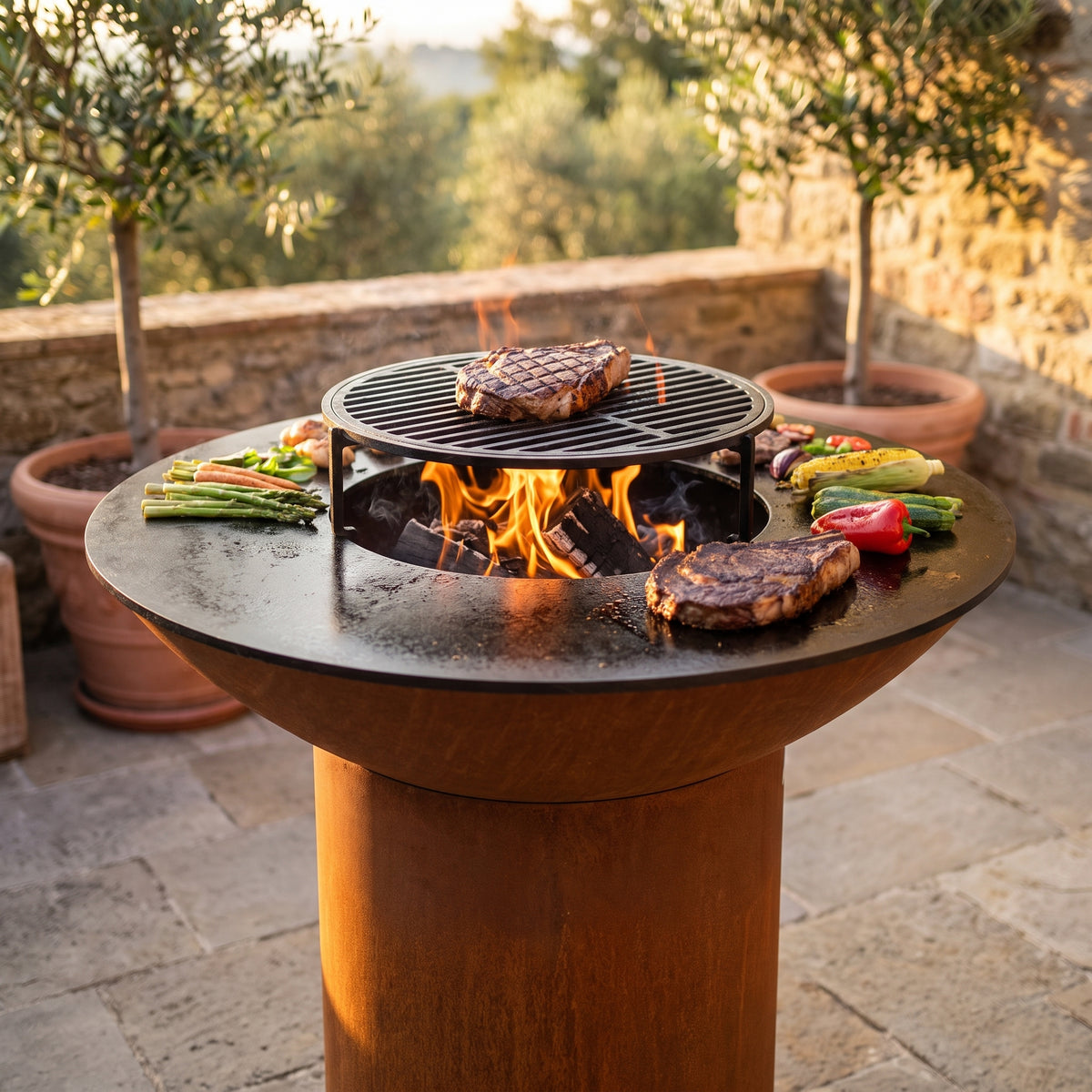 Arteflame wood-fired flat-top grill with round Corten steel base: How to Get Grill Marks vs a Full Sear