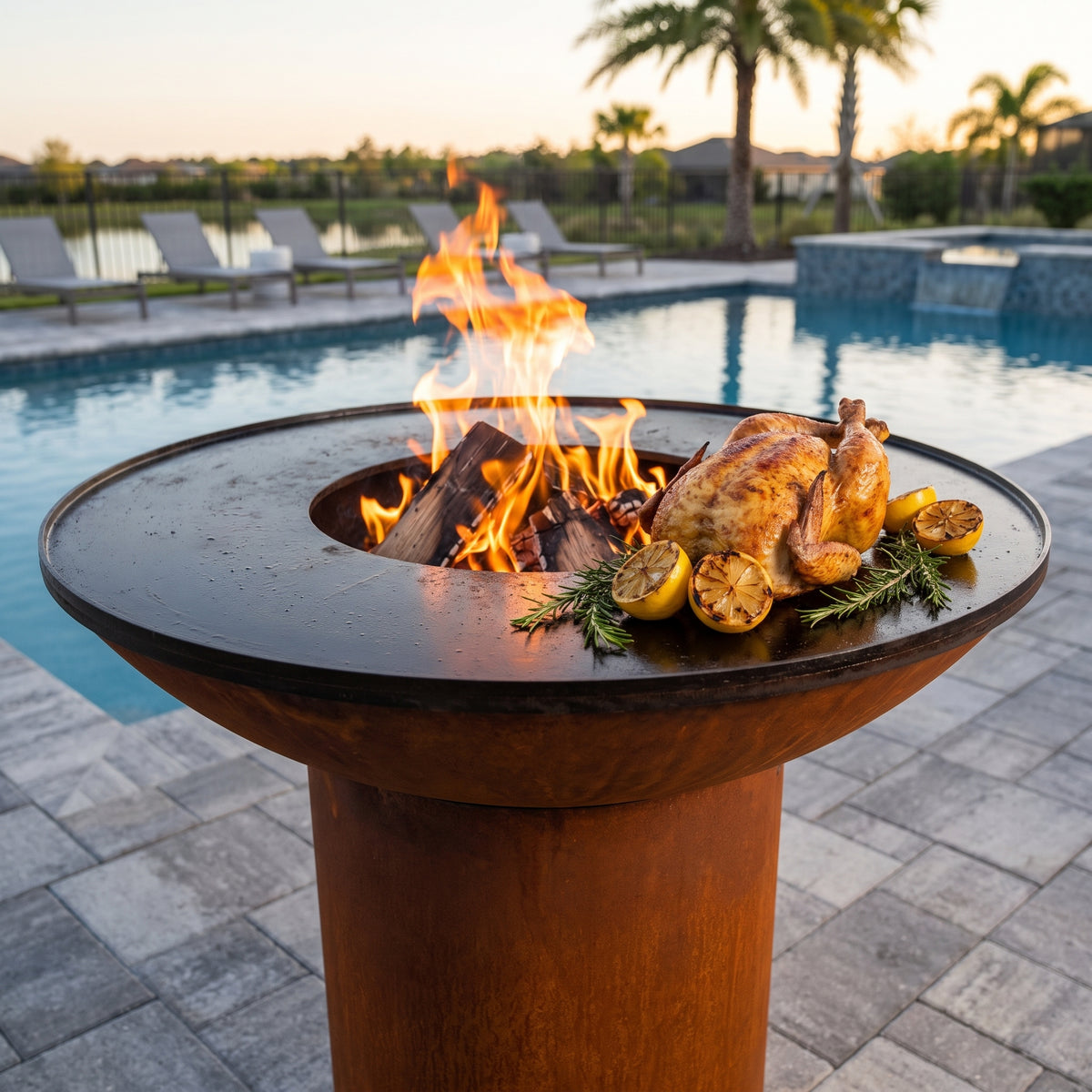 Whole chicken grilling with crisp golden skin on an Arteflame wood-fired flat-top grill with a round Corten steel base