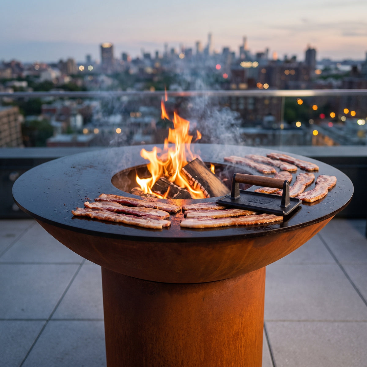 Thick-cut bacon crisping under a bacon press on an Arteflame wood-fired flat-top grill with a round Corten steel base