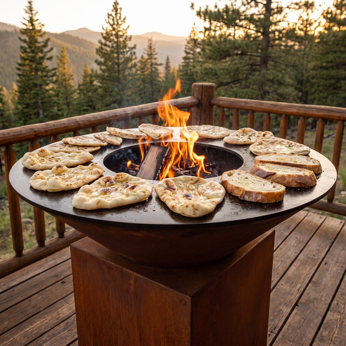 Naan, flatbread and rustic bread toasting on an Arteflame wood-fired flat-top grill with a round Corten steel base
