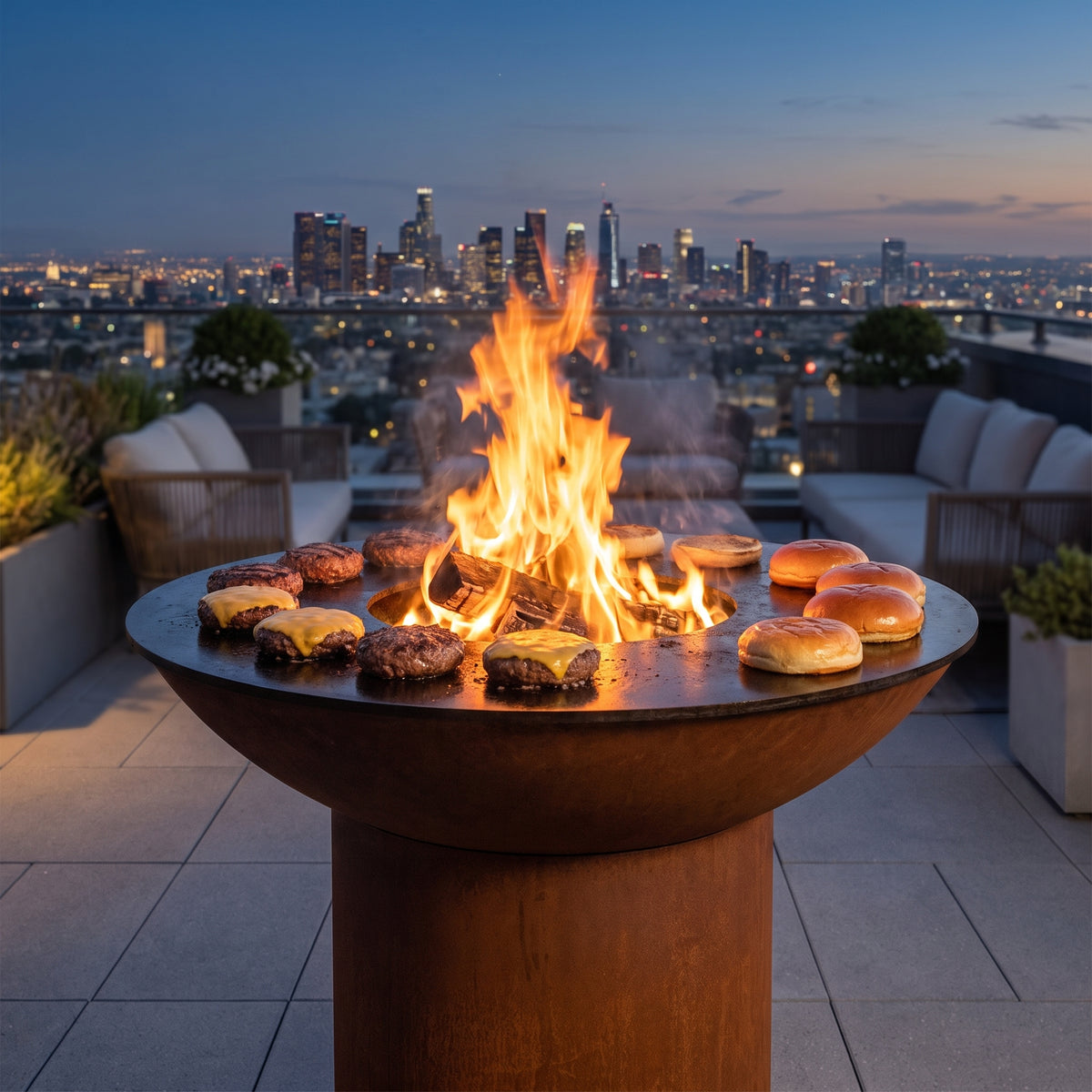 Arteflame wood-fired flat-top grill with round Corten steel base: Grill Perfect Burgers
