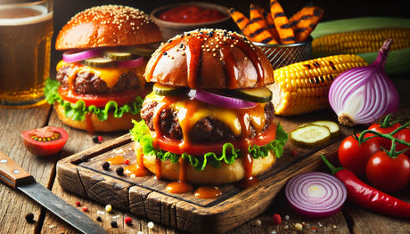 Juicy grilled burgers with melted cheese, dripping with extra sauce, served on toasted buns with lettuce, tomato, and pickles, alongside grilled corn and sweet potato fries.