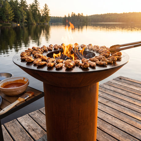 Crispy chicken wings sizzling on an Arteflame wood-fired flat-top grill with a round Corten steel base