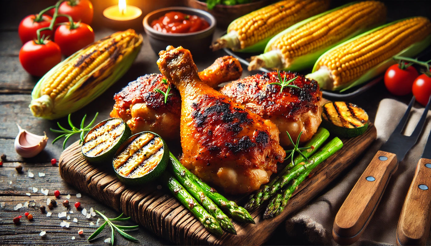 Juicy grilled chicken thighs and drumsticks with charred, crispy skin, served on a rustic wooden board with grilled vegetables like zucchini and asparagus.