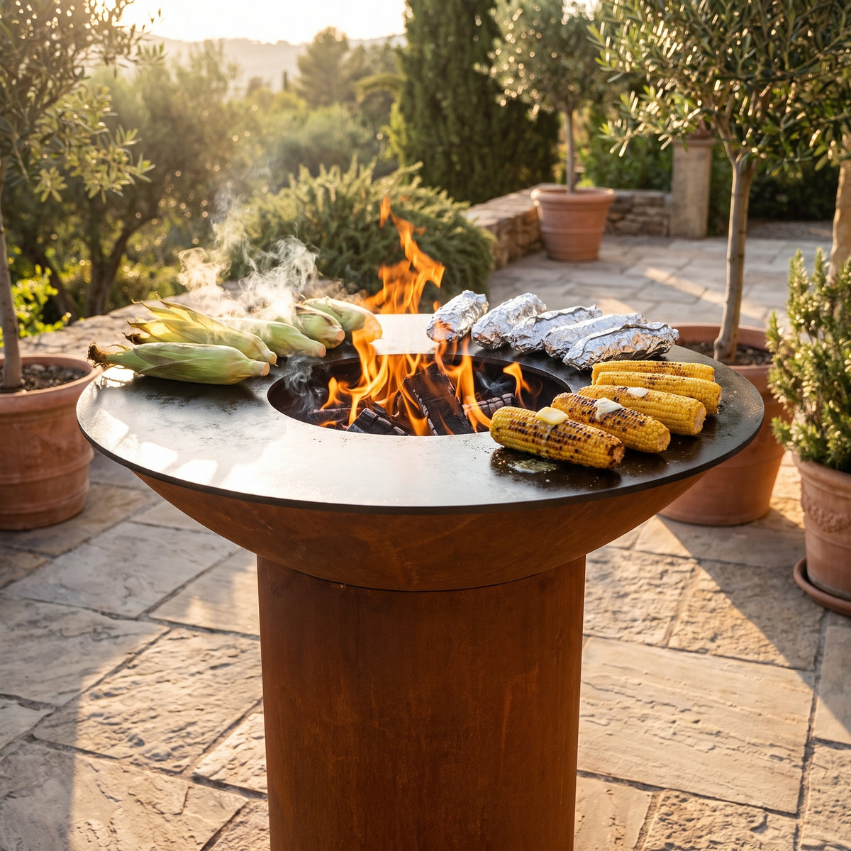 Corn on the cob grilled three ways on an Arteflame wood-fired flat-top grill with a round Corten steel base