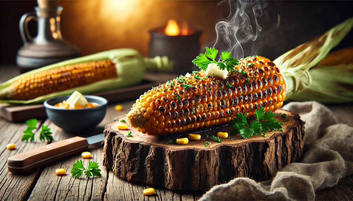 Juicy grilled corn on the cob with charred kernels, garnished with melted butter and parsley, served on a rustic wooden board in a smoky outdoor setting.