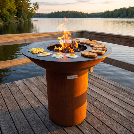 Eggs cooking sunny-side-up, over-easy and scrambled on an Arteflame wood-fired flat-top grill with a round Corten steel base