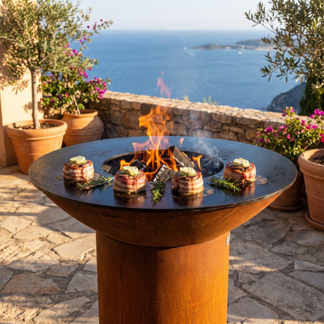 Bacon-wrapped filet mignon searing on an Arteflame wood-fired flat-top grill with a round Corten steel base