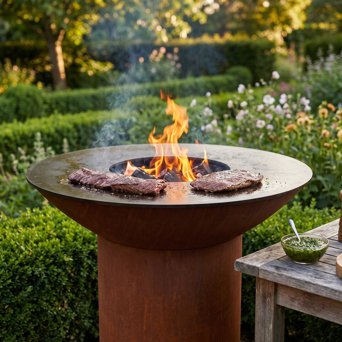 Skirt and flank steak searing on an Arteflame wood-fired flat-top grill with a round Corten steel base