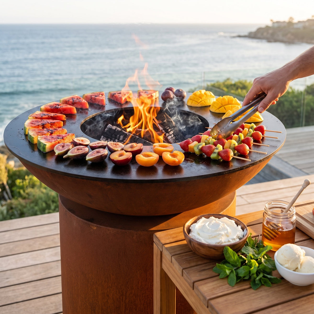 Grilled watermelon, figs, apricots, mango and fruit skewers on an Arteflame flat-top grill with a round Corten steel base overlooking the ocean