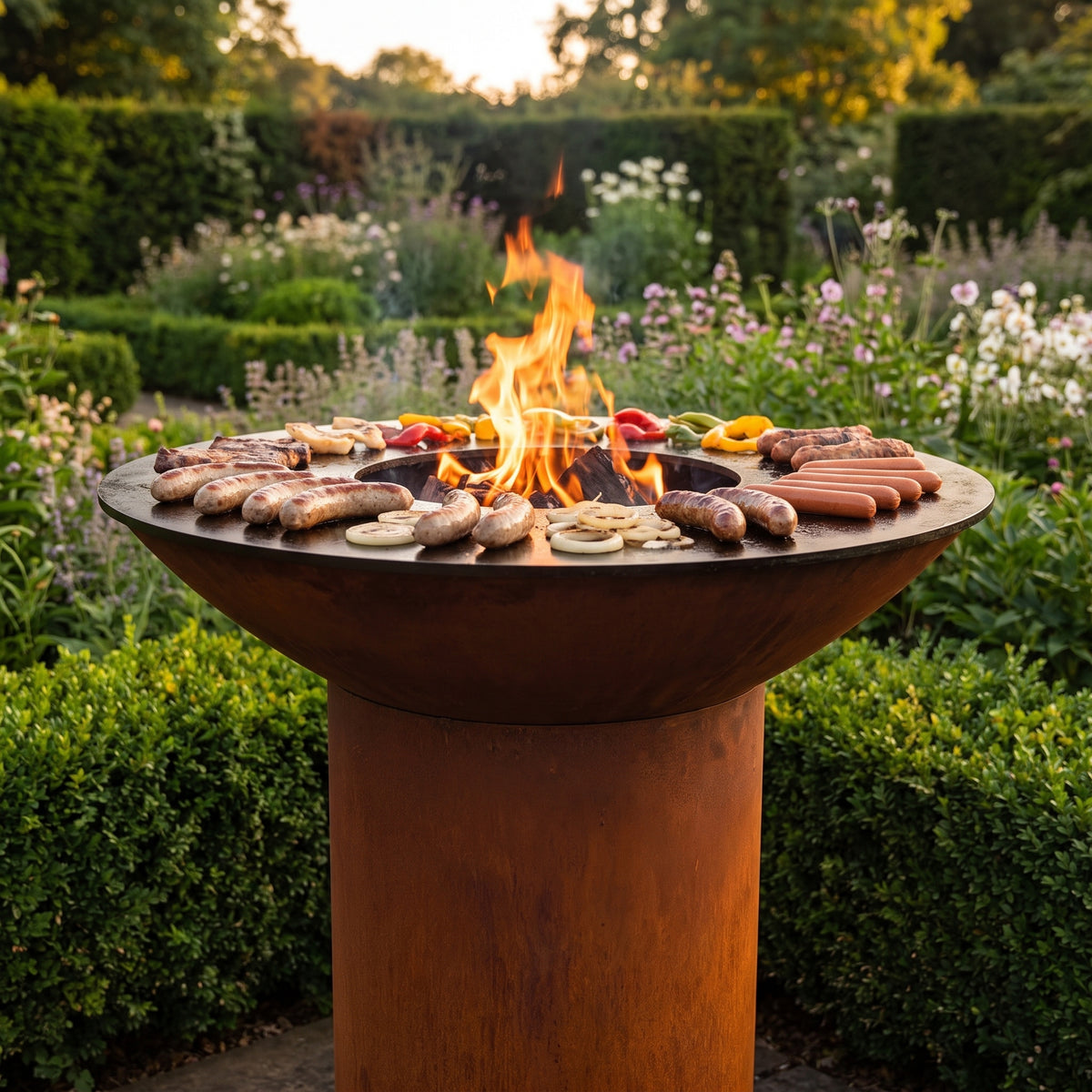 Bratwurst, sausages and hot dogs browning on an Arteflame wood-fired flat-top grill with a round Corten steel base