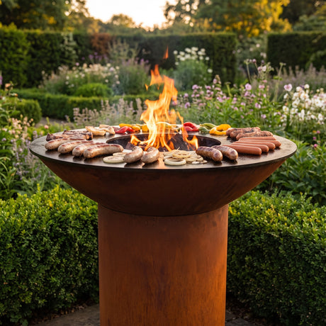 Bratwurst, sausages and hot dogs browning on an Arteflame wood-fired flat-top grill with a round Corten steel base