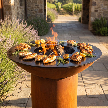 Arteflame wood-fired flat-top grill with round Corten steel base: Grill Juicy Chicken