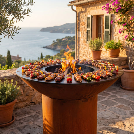 Beef, chicken and vegetable kebabs grilling evenly on an Arteflame wood-fired flat-top grill with a round Corten steel base