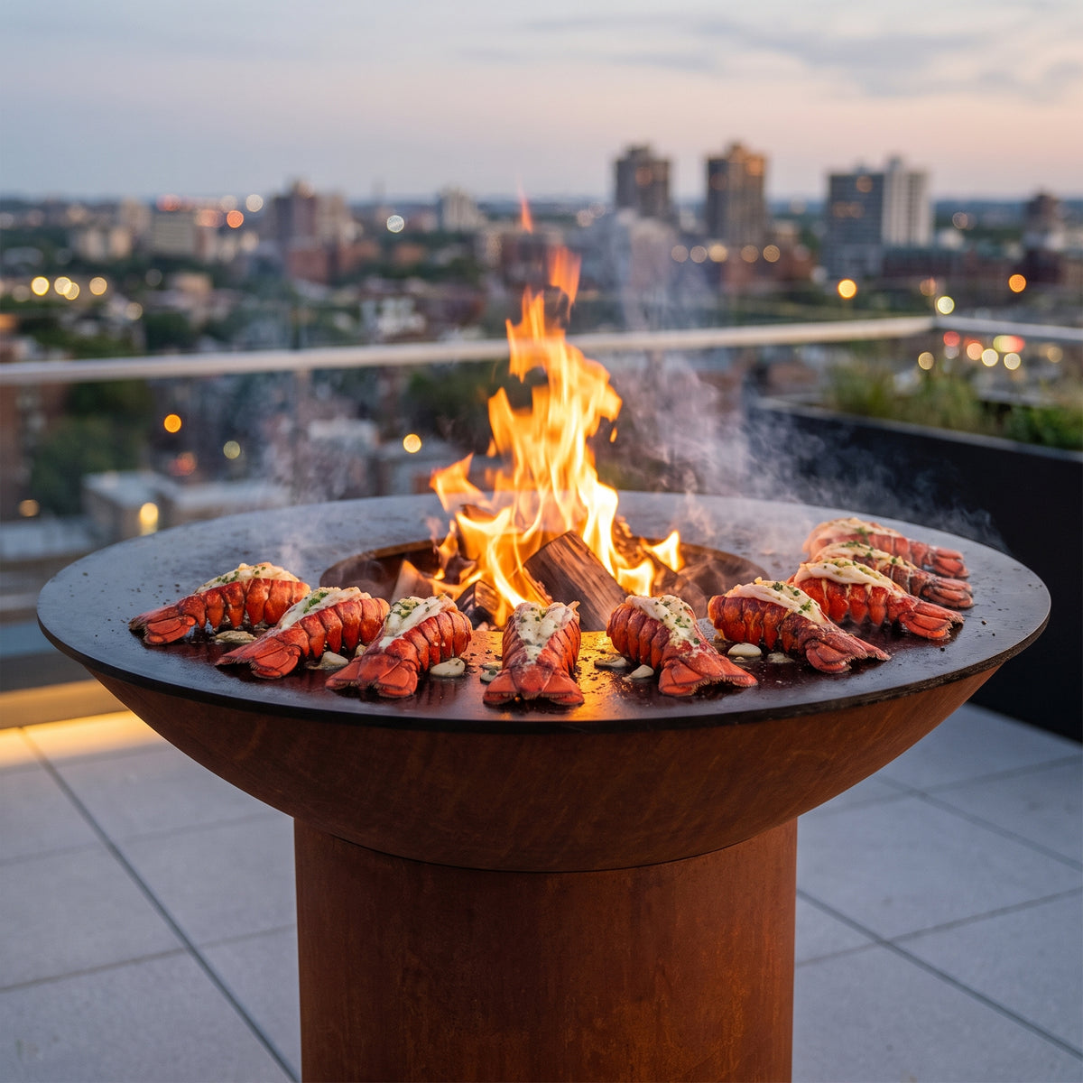 Lobster tails grilling in garlic butter on an Arteflame wood-fired flat-top grill with a round Corten steel base