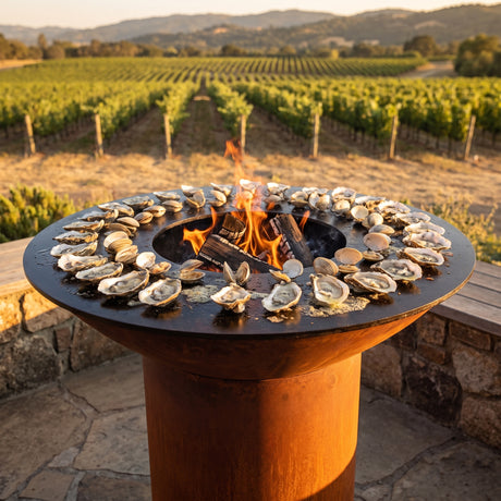 Oysters and clams opening in garlic butter on an Arteflame wood-fired flat-top grill with a round Corten steel base