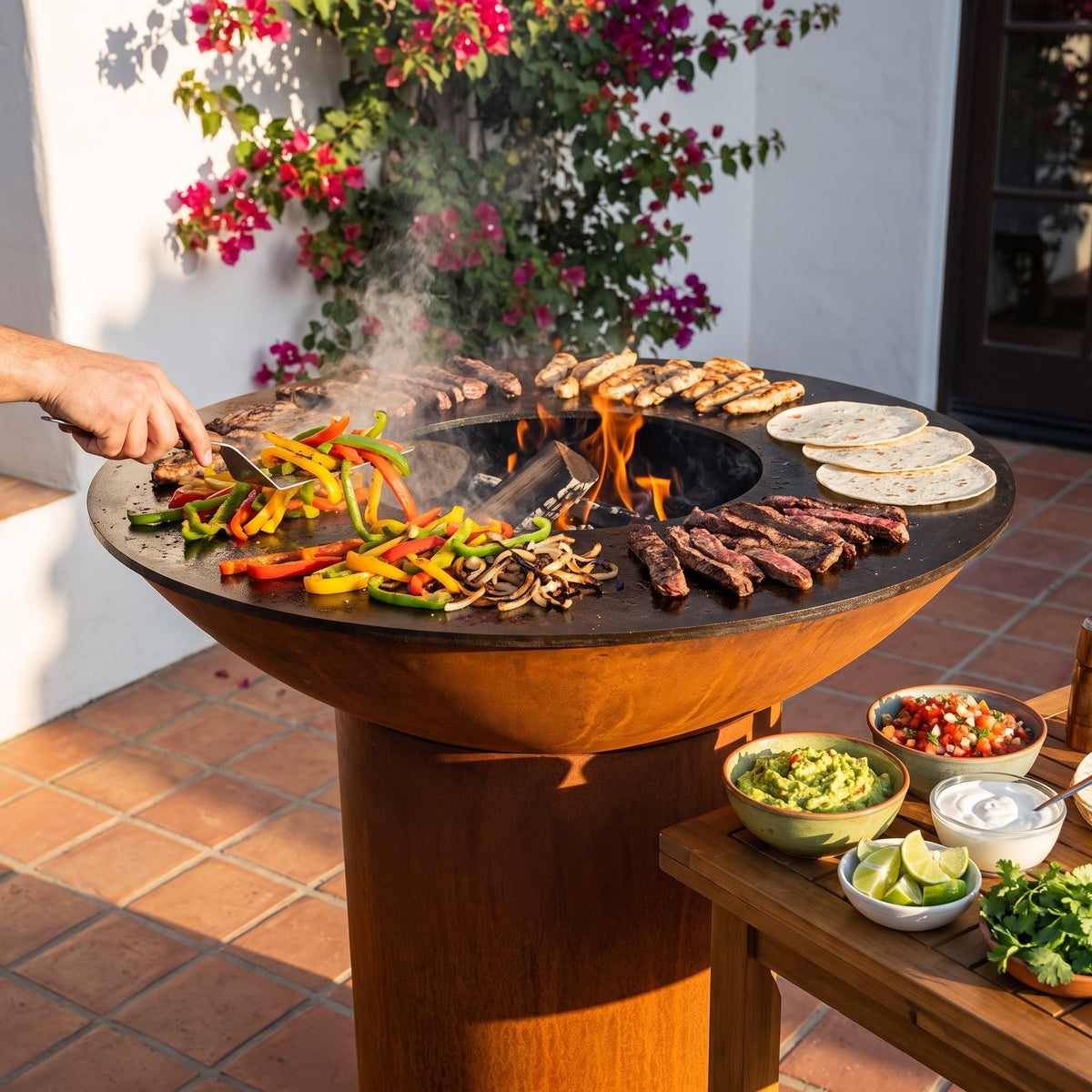 Sizzling fajita peppers and onions with steak, chicken and tortillas on an Arteflame flat-top grill with a round Corten steel base