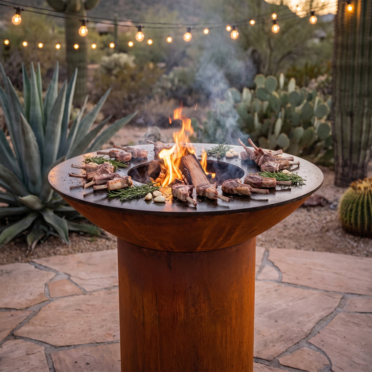 Frenched lamb chops with rosemary and garlic on an Arteflame wood-fired flat-top grill with a round Corten steel base