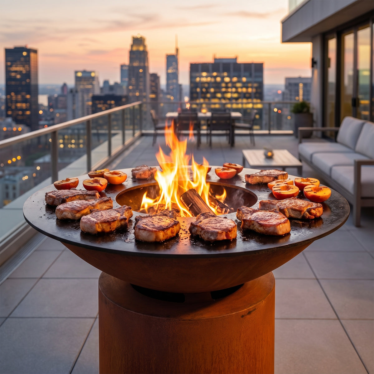 Arteflame wood-fired flat-top grill with round Corten steel base: How to Grill Pork Chops