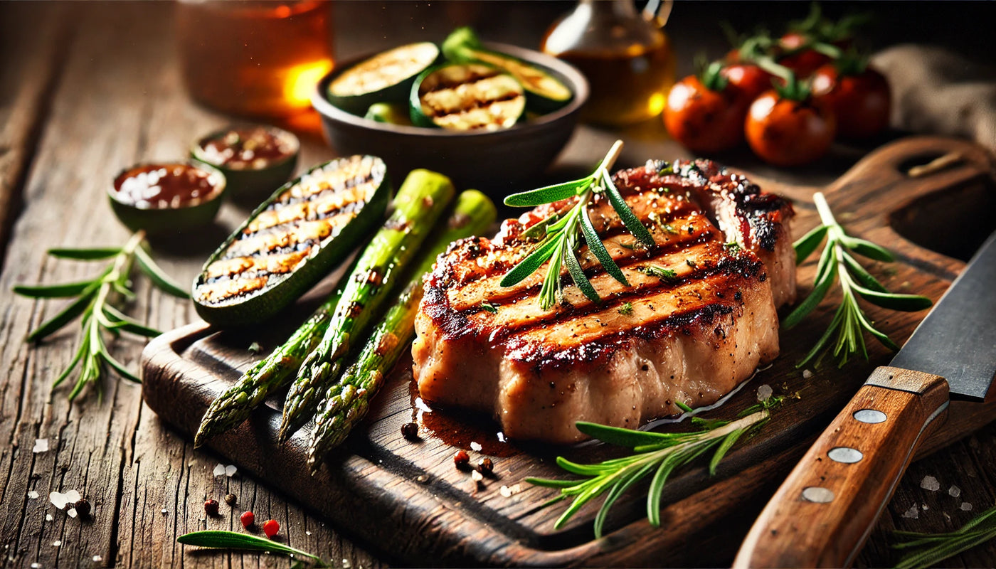 Juicy grilled pork chops with perfect sear marks, garnished with rosemary, served alongside grilled vegetables like zucchini and asparagus on a rustic wooden board.