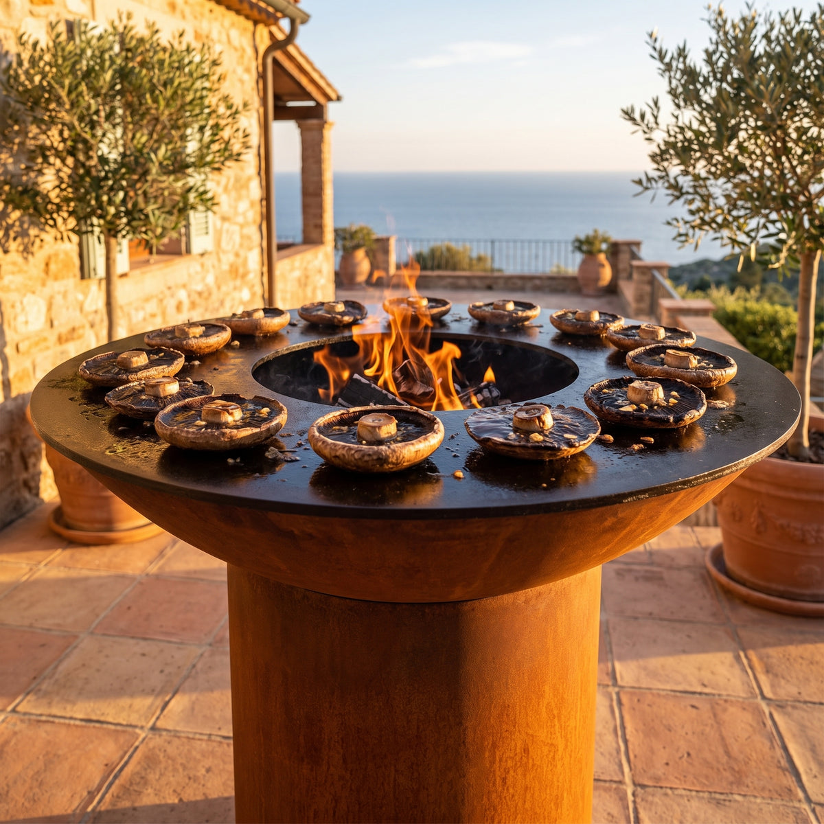 Balsamic portobello mushrooms grilling on an Arteflame wood-fired flat-top grill with a round Corten steel base