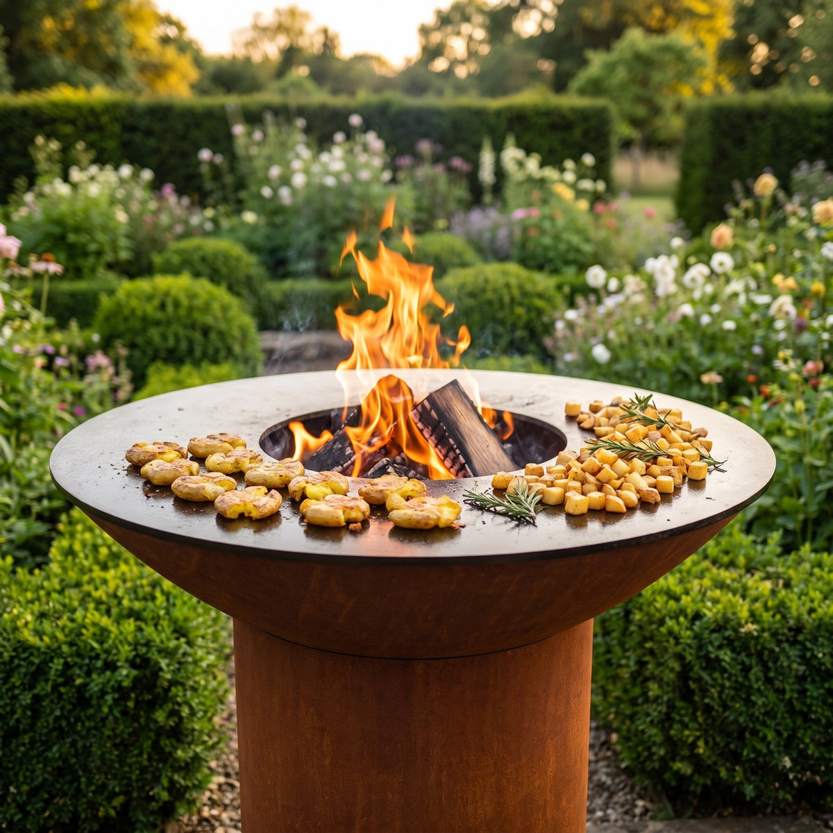 Crispy smashed potatoes and home fries on an Arteflame wood-fired flat-top grill with a round Corten steel base