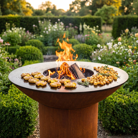 Crispy smashed potatoes and home fries on an Arteflame wood-fired flat-top grill with a round Corten steel base