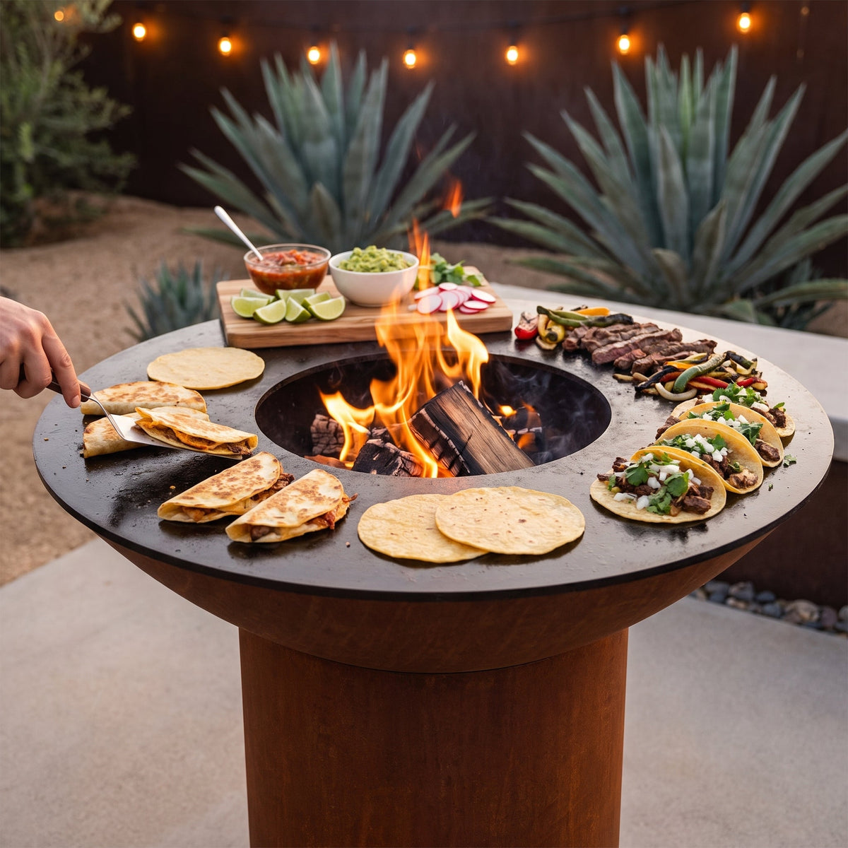 Quesadillas, tortillas, carne asada and street tacos cooking on an Arteflame flat-top grill with a round Corten steel base and wood fire
